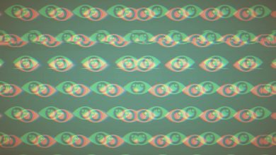 a collection of patterned illustrated eyes in green and red on a darker green background.