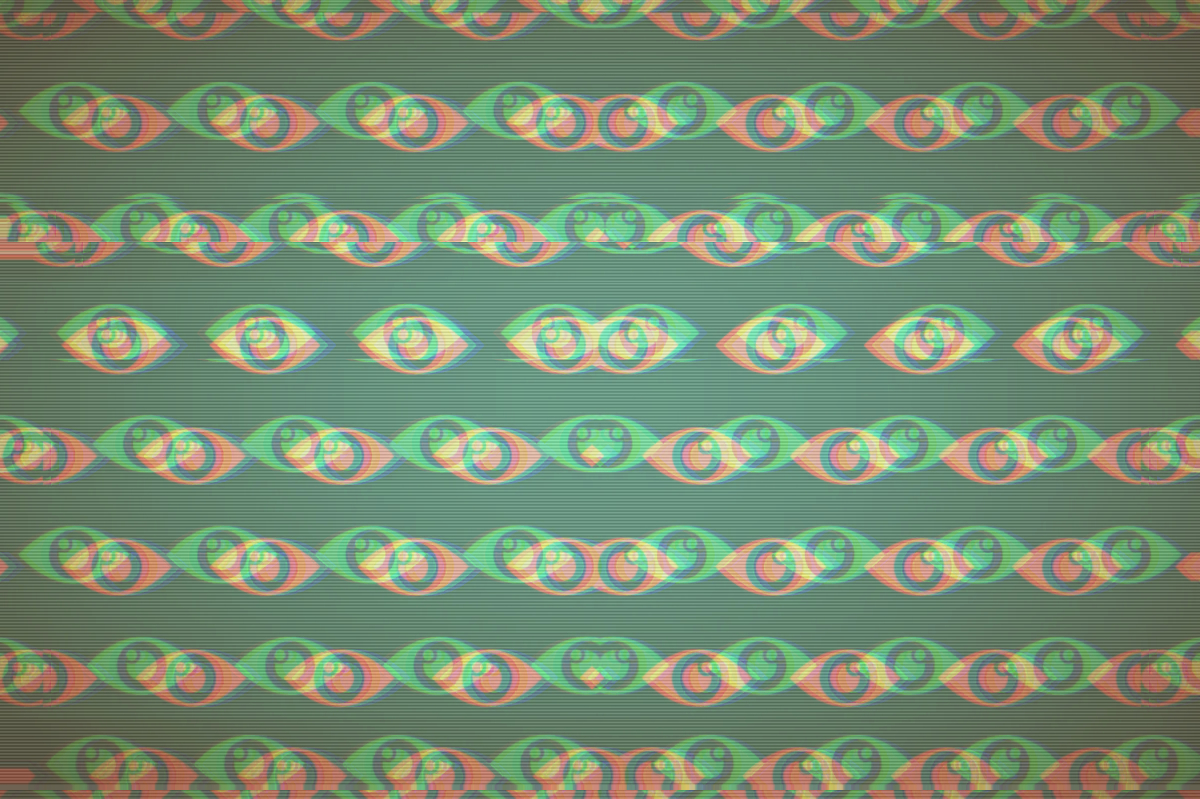 a collection of patterned illustrated eyes in green and red on a darker green background.