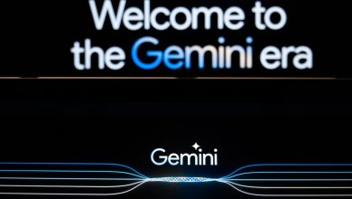 In this photo illustration a Gemini logo and a welcome message on Gemini website are displayed on two screens.