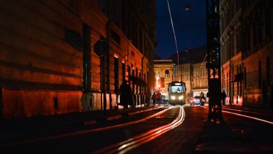 A tram in Katedralna Square at night, Lviv, western Ukraine.