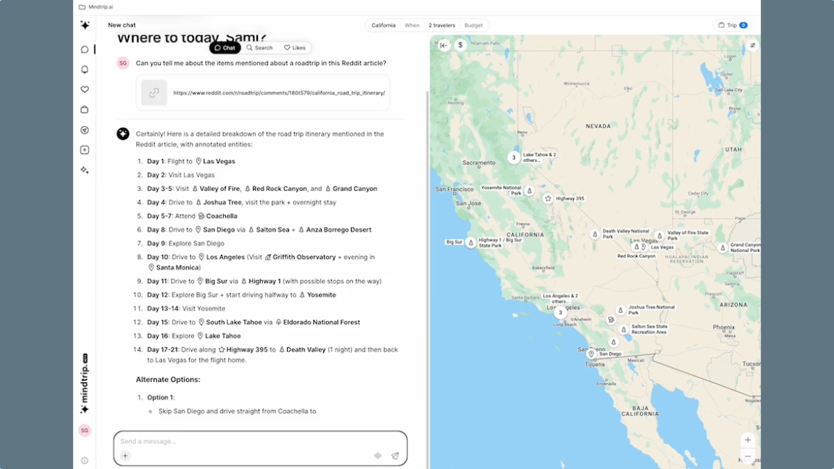 Mindtrip start anywhere feature that lets you insert a TikTok link to help you generate a travel plan